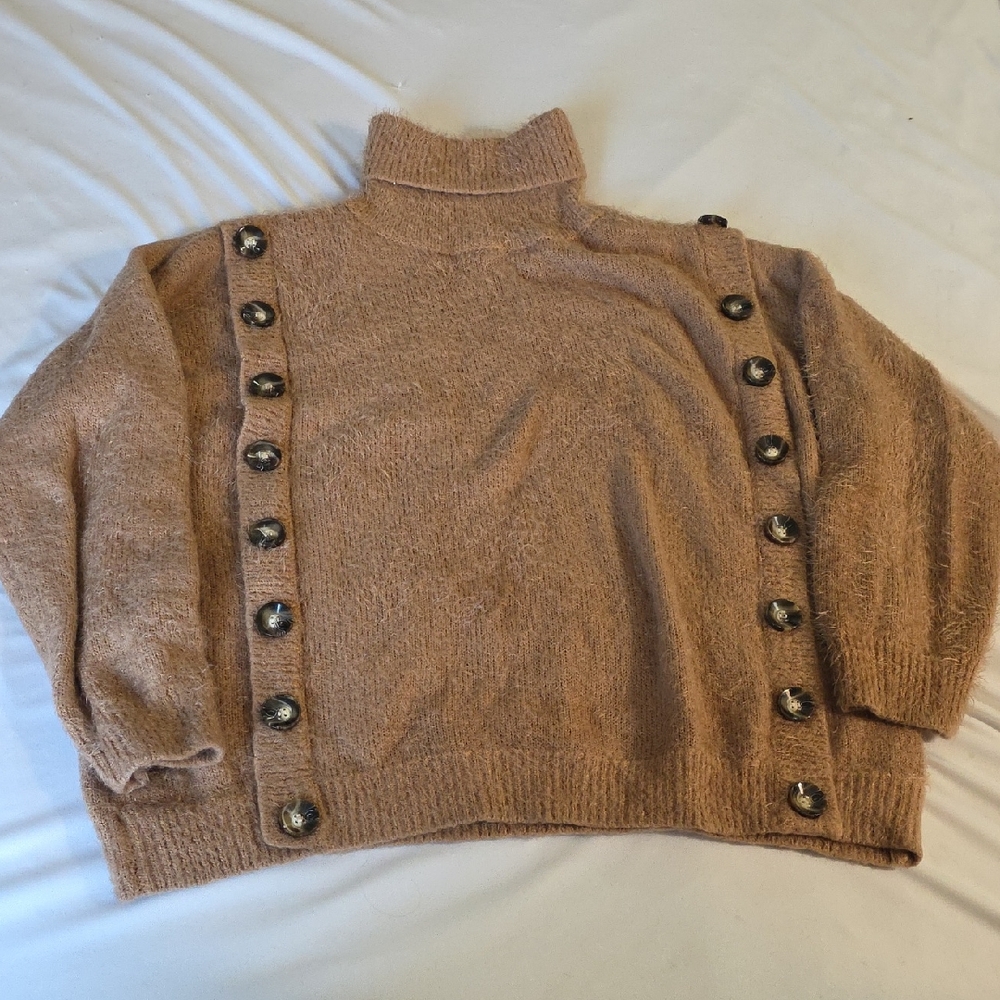 POL Button-Accent Tan Turtleneck Sweater